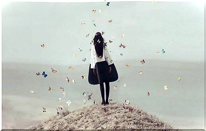 young girl surrounded by butterflies representing emptiness