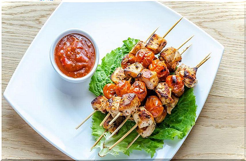 Cherry tomato and chicken skewers.